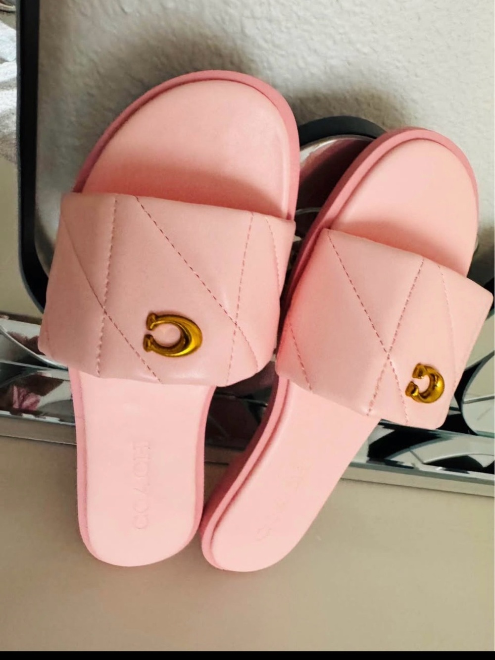 Coach Pink Quilted Slide Sandals with Gold Accent
